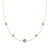 Grand & Classic necklace featuring one 6 mm and four 4 mm Nantucket Blue Topaz bezel set in 14k yellow gold - front view