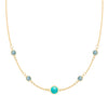 Grand & Classic necklace featuring one 6 mm Turquoise and four 4 mm Nantucket Blue Topaz bezel set in 14k gold - front view