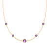 Grand & Classic necklace featuring one 6 mm and four 4 mm Amethysts bezel set in 14k yellow gold - front view