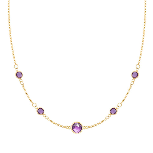 Grand & Classic necklace featuring one 6 mm and four 4 mm Amethysts bezel set in 14k yellow gold - front view