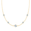 Grand & Classic necklace featuring one 6 mm and four 4 mm Aquamarines bezel set in 14k yellow gold - front view