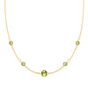 Grand & Classic necklace featuring one 6 mm and four 4 mm Peridots bezel set in 14k yellow gold - front view
