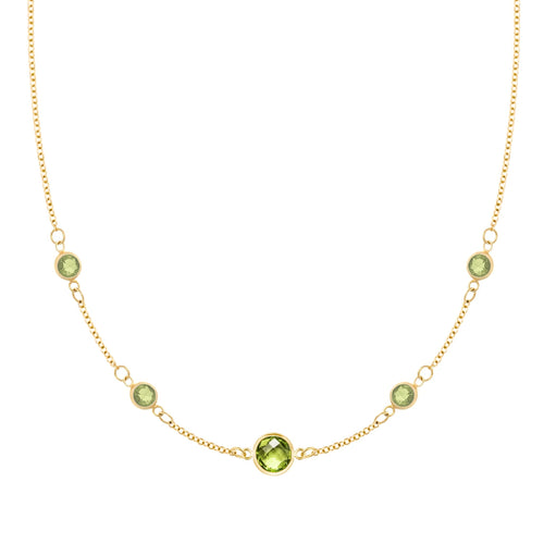 Grand & Classic necklace featuring one 6 mm and four 4 mm Peridots bezel set in 14k yellow gold - front view