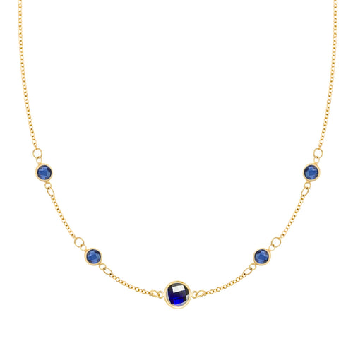 Grand & Classic necklace featuring one 6 mm and four 4 mm Sapphires bezel set in 14k yellow gold - front view