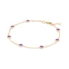 Bayberry 1.17 mm cable chain birthstone bracelet featuring seven 4 mm briolette amethysts bezel set in 14k gold - angled view