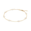 Bayberry cable chain birthstone bracelet featuring seven 4 mm briolette moonstones bezel set in 14k gold - angled view