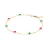 Noel Bayberry cable chain birthstone bracelet featuring 7 alternating 4 mm emeralds & rubies set in 14k gold - angled view