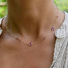 Woman wearing a Bayberry Grand & Classic 14k gold necklace with alternating 4 mm & 6 mm pink tourmalines & pink sapphires