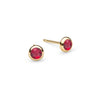 Pair of Birthstone Stud Earrings featuring 4 mm briolette cut Rubies bezel set in 14k yellow gold - front view
