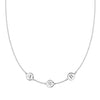 14k white necklace featuring three 1/4” flat discs, one engraved with a four leaf clover, two with letters