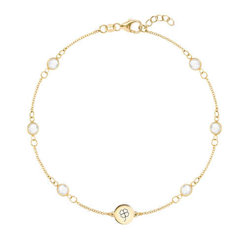 14k yellow gold Classic bracelet featuring six birthstones and one 1/4” flat disc, engraved with a four leaf clover
