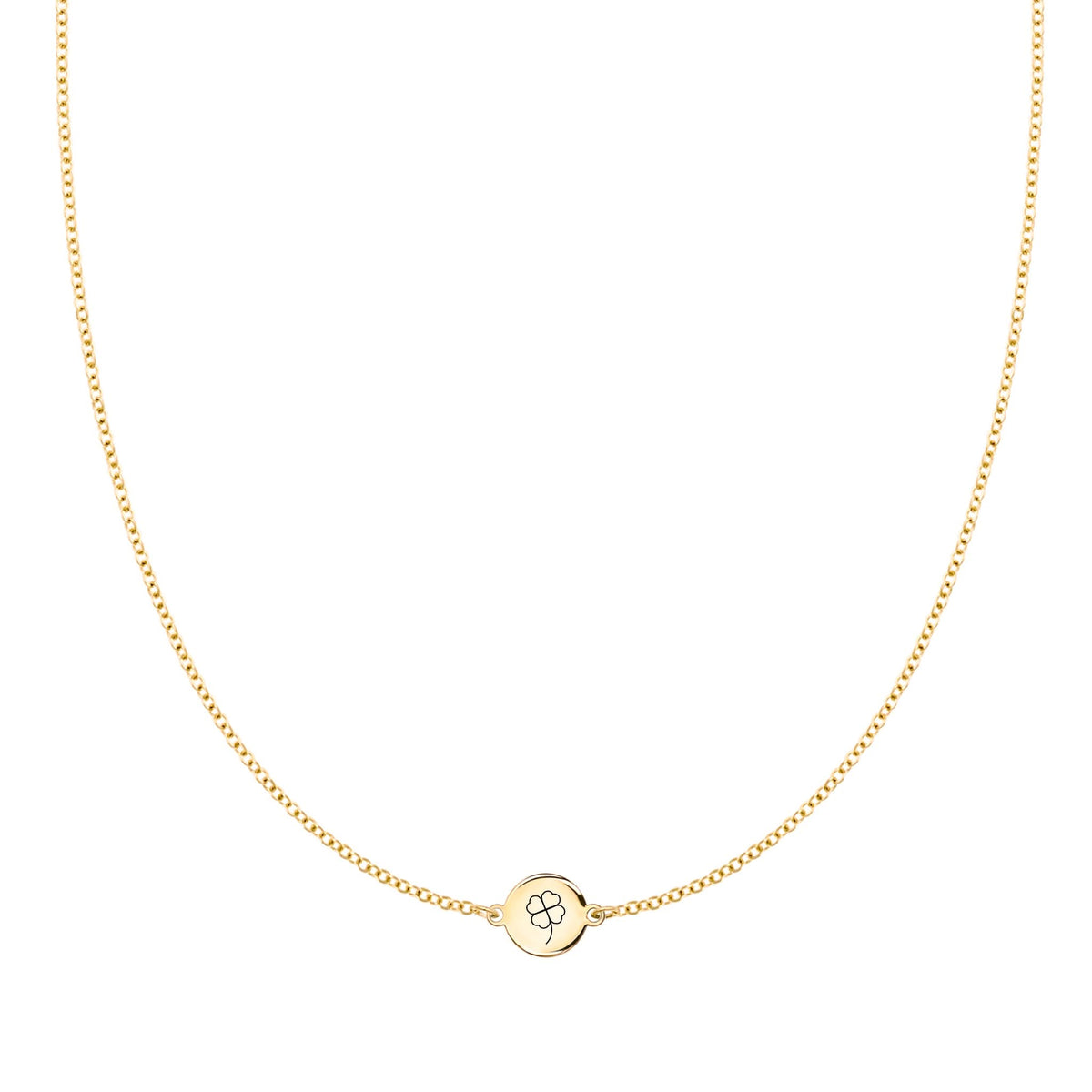 14k yellow gold 1.17 mm cable chain necklace featuring one 1/4” flat disc engraved with a four leaf clover - front view
