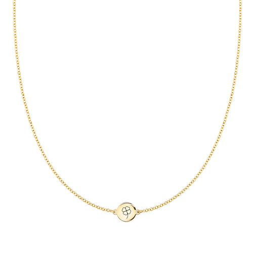 14k yellow gold 1.17 mm cable chain necklace featuring one 1/4” flat disc engraved with a four leaf clover - front view