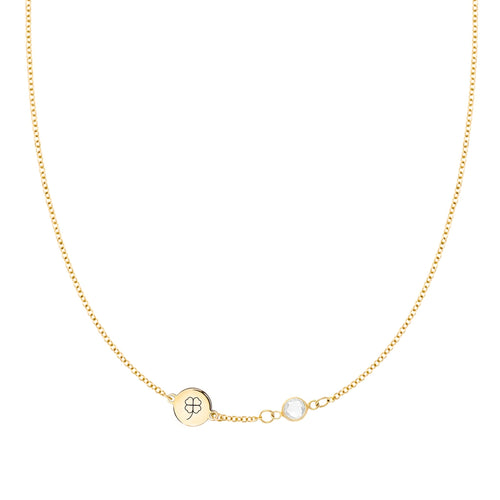 14k gold Classic necklace featuring one birthstone and one 1/4” flat disc engraved with a four leaf clover - front view