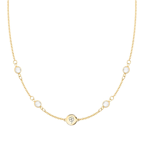 14k gold Classic necklace featuring four birthstones and one 1/4” flat disc engraved with a four leaf clover - front view