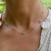 Woman wearing a Bayberry Grand & Classic 14k gold necklace featuring alternating 4 mm and 6 mm briolette cut aquamarines