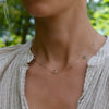 Woman wearing a Bayberry Grand & Classic 14k gold necklace featuring alternating 4 mm and 6 mm briolette cut White Topaz