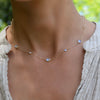 Woman wearing a Bayberry Grand & Classic 14k gold necklace featuring alternating 4 mm & 6 mm briolette cut moonstones