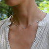 Woman with a Bayberry Grand & Classic 14k gold necklace featuring alternating 4 mm & 6 mm briolette cut moonstones