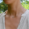 Woman wearing a Bayberry Grand & Classic 14k gold necklace featuring alternating 4 mm & 6 mm briolette Nantucket blue topaz