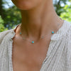 Woman wearing a Bayberry Grand & Classic 14k gold necklace with alternating 4 mm & 6 mm Nantucket blue topaz & turquoises