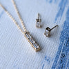 Providence 3 White Topaz pendant and stud earrings set with petite baguette stones set in 14k yellow gold 