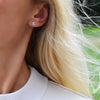 Woman wearing a 14k yellow gold Grand stud earring featuring one 6 mm briolette cut bezel set moonstone