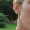 Woman wearing a 14k yellow gold Grand stud earring featuring one 6 mm briolette cut bezel set peridot