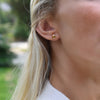 Woman wearing a 14k yellow gold Grand stud earring featuring one 6 mm briolette cut bezel set citrine