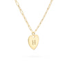 14k yellow gold Adelaide mini necklace featuring one 16 x 15 mm flat heart pendant engraved with the letter A - angled view