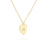 14k yellow gold cable chain necklace featuring one 16 x 15 mm flat heart pendant engraved with the letter A - angled view