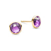 Pair of 14k yellow gold Grand stud earrings each featuring one 6 mm briolette cut bezel set amethyst - front view