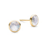 Pair of 14k yellow gold Grand stud earrings each featuring one 6 mm briolette cut bezel set moonstone - front view