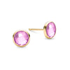 Pair of 14k yellow gold Grand stud earrings each featuring one 6 mm briolette cut bezel set pink sapphire - front view