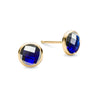 Pair of 14k yellow gold Grand stud earrings each featuring one 6 mm briolette cut bezel set sapphire - front view