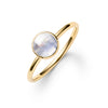 1.6 mm wide 14k yellow gold Grand ring featuring one 6 mm briolette cut bezel set moonstone - angled view