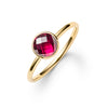 1.6 mm wide 14k yellow gold Grand ring featuring one 6 mm briolette cut bezel set ruby - angled view