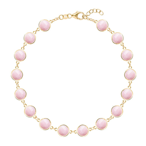 Newport Grand 14k yellow gold bracelet featuring sixteen 6 mm briolette cut bezel set pink opals - front view