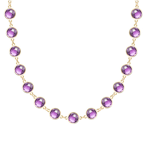 Newport Grand 14k yellow gold necklace featuring 6 mm briolette cut bezel set amethysts - front view