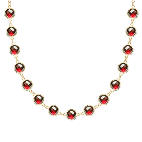 Newport Grand 14k yellow gold necklace featuring 6 mm briolette cut bezel set garnets - front view