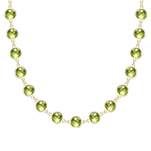 Newport Grand 14k yellow gold necklace featuring 6 mm briolette cut bezel set peridots - front view
