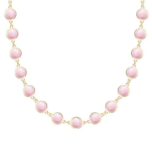 Newport Grand 14k yellow gold necklace featuring 6 mm briolette cut bezel set pink opals - front view