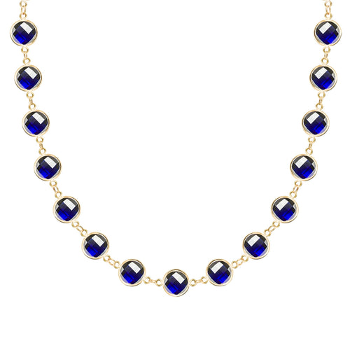 Newport Grand 14k yellow gold necklace featuring 6 mm briolette cut bezel set sapphires - front view