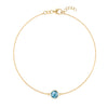 Grand 1.17 mm cable chain bracelet in 14k gold featuring one 6 mm briolette cut bezel set Nantucket blue topaz - front view