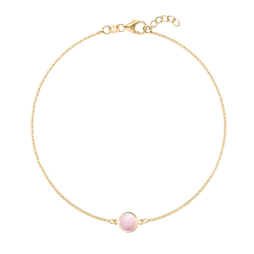 Grand 1.17 mm cable chain bracelet in 14k yellow gold featuring one 6 mm briolette cut bezel set pink opal - front view