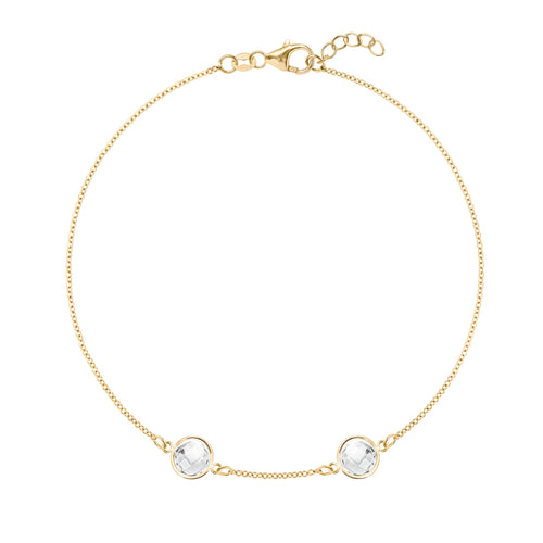 2 Grand 1.17 mm cable chain bracelet in 14k gold featuring two 6 mm briolette cut bezel set gemstones - front view