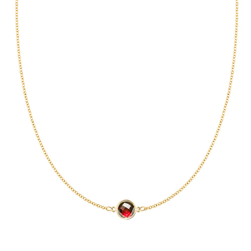 Grand 14k yellow gold 1.17 mm cable chain necklace featuring one 6 mm briolette cut bezel set garnet - front view