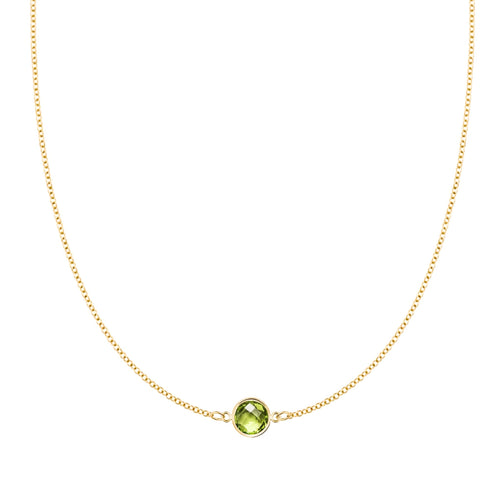 Grand 14k yellow gold 1.17 mm cable chain necklace featuring one 6 mm briolette cut bezel set peridot - front view