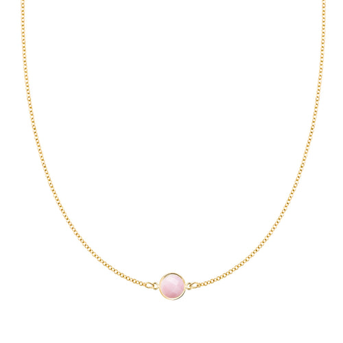 Grand 14k yellow gold 1.17 mm cable chain necklace featuring one 6 mm briolette cut bezel set pink opal - front view