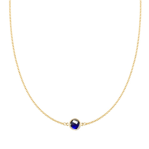 Grand 14k yellow gold 1.17 mm cable chain necklace featuring one 6 mm briolette cut bezel set sapphire - front view